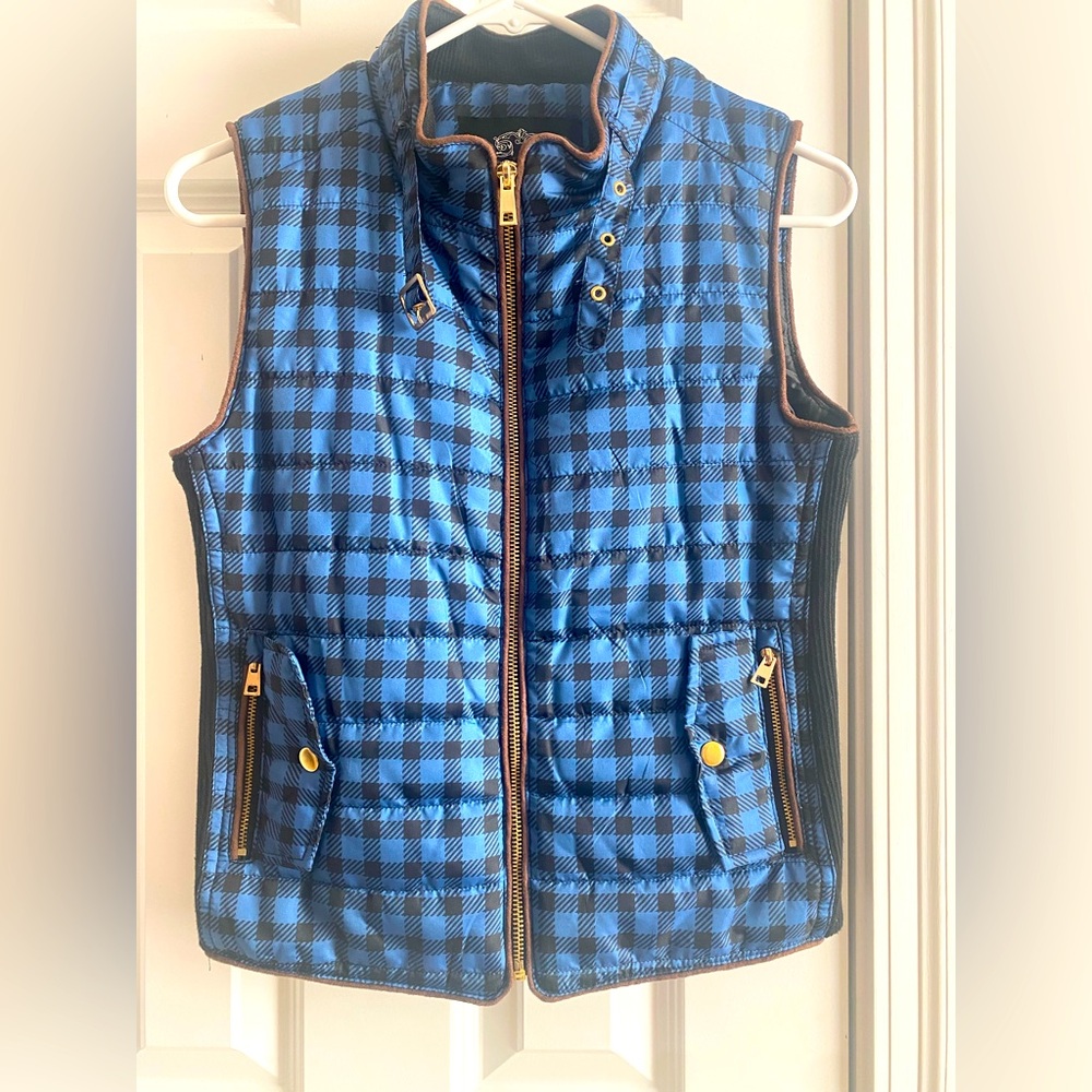 Blue and Black Plaid Lightweight Downed Quilted Puffer Vest Jacket Women's Small